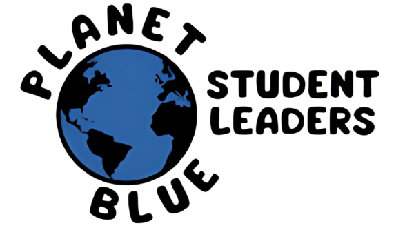 Planet Blue Student Leader text in black around a blue and black globe