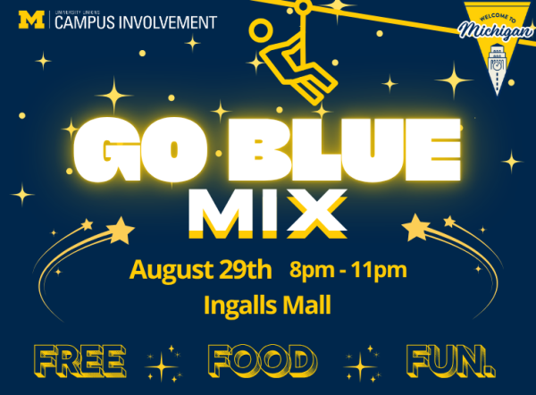 Glowing poster for Go Blue Mix by the Center for campus involvement. Yellow stars in the background, and the words free, food, and fun at the bottom. There is also a stick figure of a person on a zipline