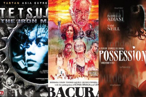Slices of DVD covers from Tetsuo the Iron Man,  Bacurau, and Possession.