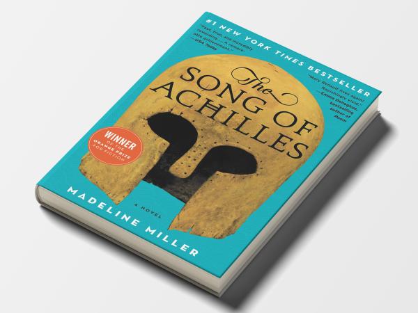 Cover of “The Song of Achilles” by Madeline Miller featuring the helmet of a Greek soldier against a teal background.