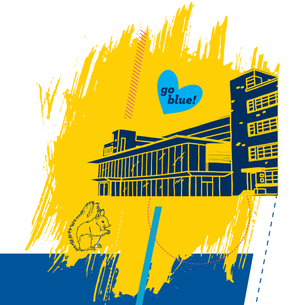 Illustration of LSA Building with the Cube and a squirrel