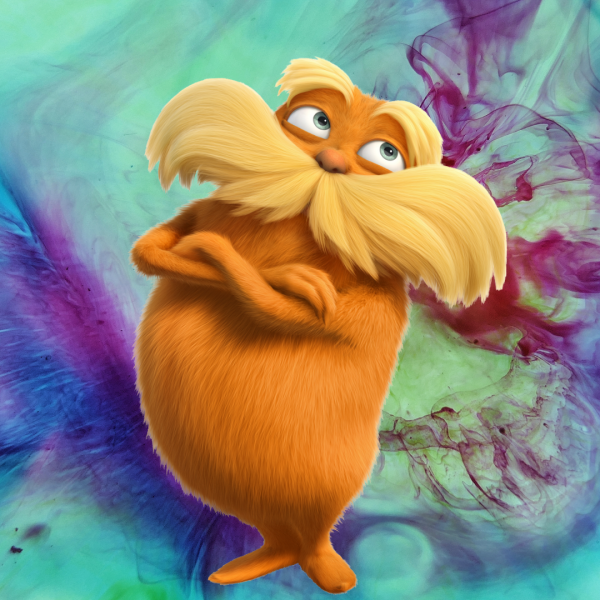 The Lorax, a fuzzy orange creature with a big mustache, on a tie-dye background