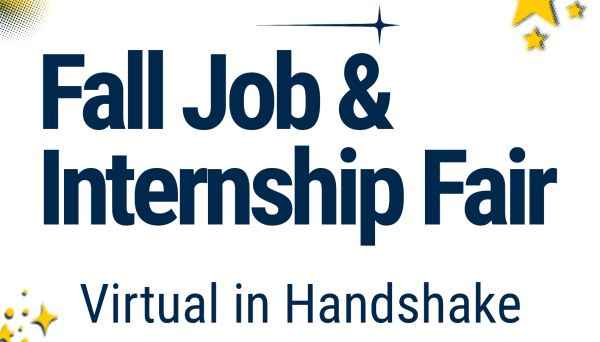Fall Job & Internship Fair - Virtual in Handshake on a white background with yellow and blue decorative stars.