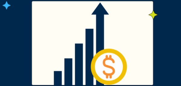 A bar graph with increasing bars and an upward arrow, with a dollar sign coin in front, representing financial growth or rising profits.