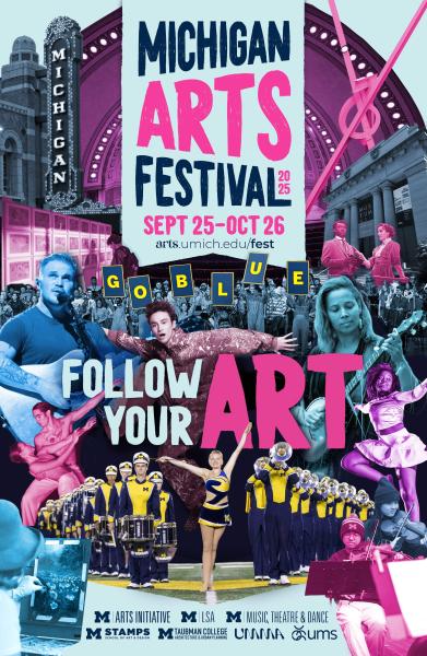 Pop art collage showing arts activities, writing in hot pink, with the MMB at the bottom.