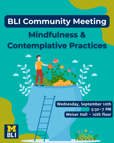 Light blue background with light green borders in the top right and bottom left corners. Text saying BLI Community Meeting, Mindfulness and Contemplative Practices.