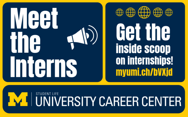 a promotional graphic divided into three sections with a maize and blue color scheme. The left section features bold white text reading "Meet the Interns" accompanied by an icon of a megaphone. The right section contains the text "Get the inside scoop on internships!" in white, with the URL "myumi.ch/bVXjd" in yellow. Above this text are five yellow globe icons arranged horizontally. At the bottom, there is a blue band featuring the University of Michigan's block 'M' logo in yellow, alongside the text "STUDENT LIFE UNIVERSITY CAREER CENTER" in white.