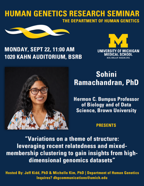 blue flyer with white and yellow text displaying location and seminar information