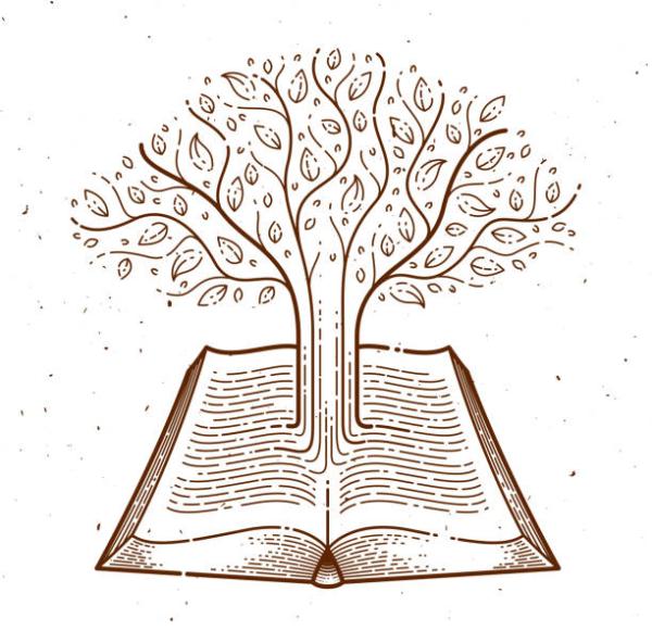 An abstract drawing of a tree grows out of an open book.