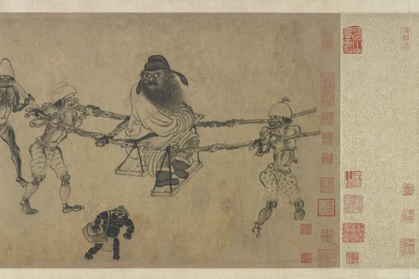 Zhongshan Going on Excursion 中山出遊圖; a Chinese handscroll from the late 13th to early 14th century that depicts the legendary hero Zhong Kui, known as the Demon Queller, setting out on a hunting exhibition with his sister; National Museum of Asian Art.