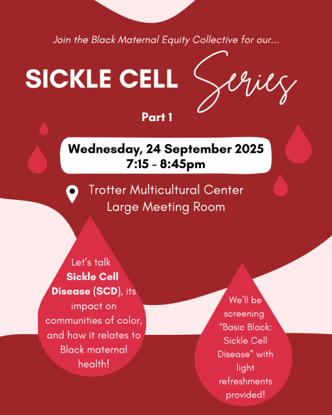 Tear shaped red drops on a white and burgundy background that says "Let’s talk Sickle Cell  Disease (SCD), its impact on communities of color,  and how it relates to Black maternal health!" in one and We’ll be screening  “Basic Black: Sickle Cell Disease” with light refreshments provided!".