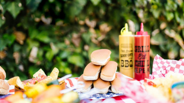 picnic food: hotdogs, mustard & ketchup