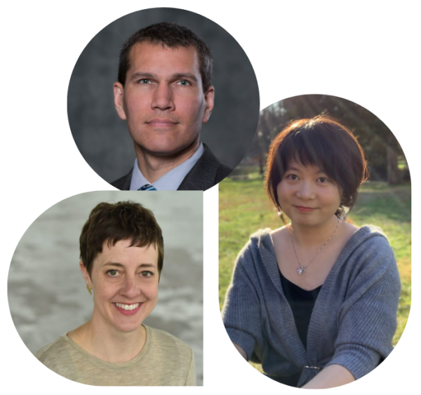 The faces of the three guest speakers in various shape frames on a white background.