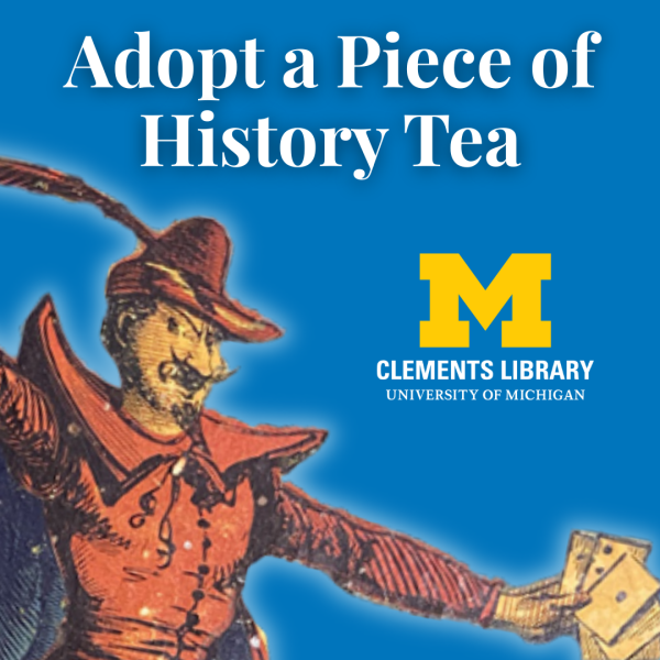 Flyer for Adopt A Piece of History Event. A blue background featuring an illustrated historical figure in red attire with an outstretched arm holding papers