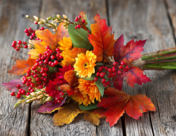 Autumn leaves, flowers, and berries wrapped in a bundle on wooden background