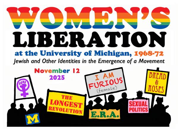 Event title in rainbow font with silhouette of protestors holding women's liberation signs.