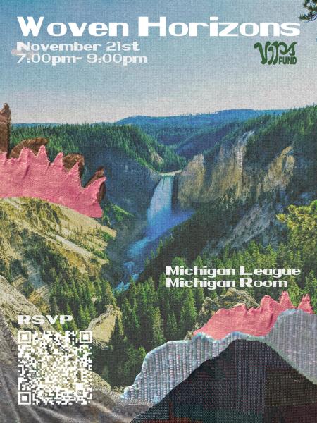 Background with mountains and collaged fabric scraps for added detail. Proceeds to list event logistics on top.
