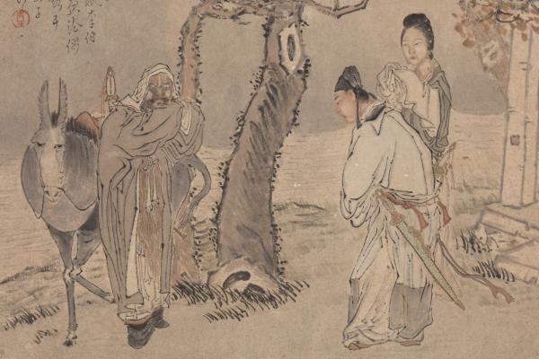 Three Heroes of the Wind and Dust 風塵三俠 by Qian Hui’an 錢慧安 (1833-1911), National Palace Museum, Taipei. The trio of Qiuranke 虯髯客, Li Jing 李靖, and Hongfu 紅拂 are legendary heroes who lived through the tumultuous transition from the Sui Dynasty (581–618) to the Tang Dynasty (618–907).