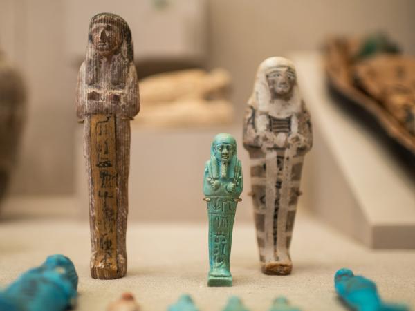 Three ushabti figures standing upright on display at the Kelsey. Two are made of wood, and the smaller third one is faience.