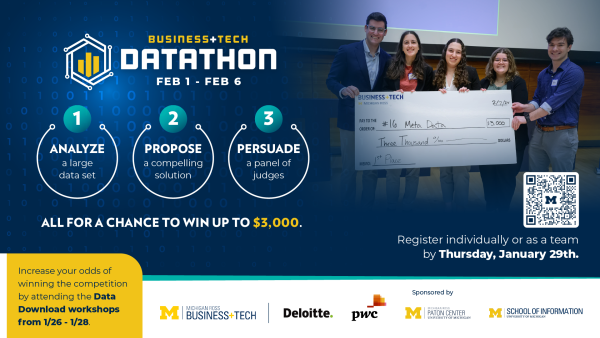Event graphic for the Michigan Ross Business+Tech Datathon. The event runs from Feb 1–Feb 6, with a registration deadline of Jan 29. It features a three-step process: Analyze, Propose, and Persuade, for a chance to win up to $3,000.