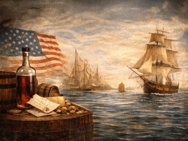 U.S. Revolutions Ships in Harbor with bottle of rum highlighted in foreground
