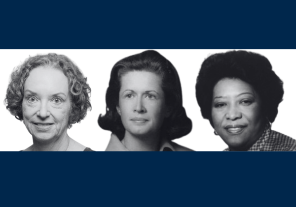 A black and white image features three women, each displaying unique expressions and styles.