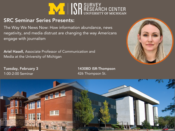Promotional flyer for a seminar at the University of Michigan ISR with event details and a photo of the speaker