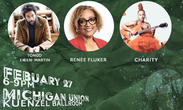 Image Imported from Maize Pages: Green event flyer with three headshot of speakers in circles across top of page (event details as presented).