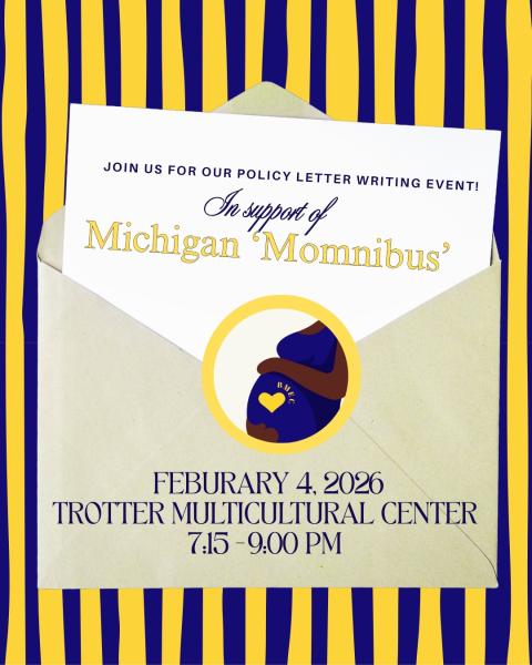 An open envelope with a sheet of paper that says "Join us for our policy letter writing event! In support of Michigan 'Mommnibus'. In the center is a graphic of a pregnant bust.