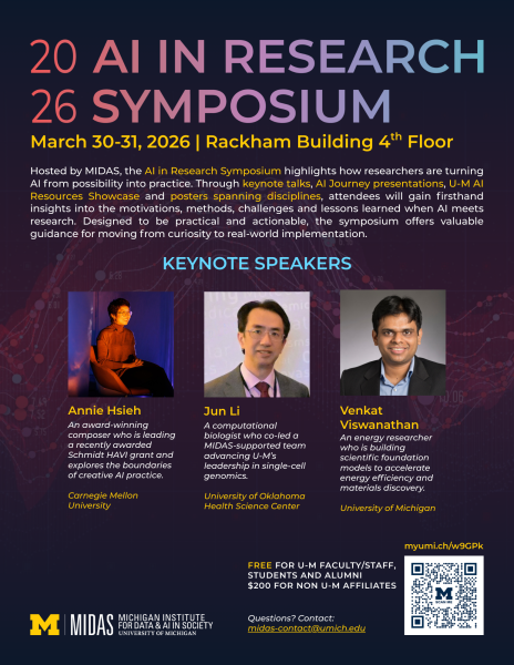 Promotional flyer for the AI in Research Symposium, with black background and featured speaker photos.