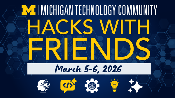 Maize & blue event flyer with sponsor, title and date at top. Computer-associated clipart along bottom.