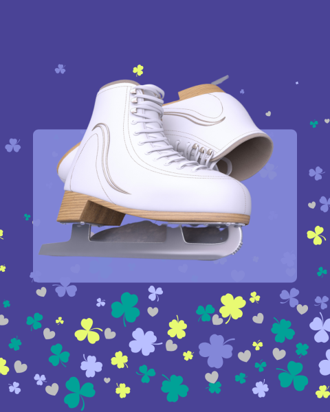 Ice skates on a purple background with clovers and hearts.