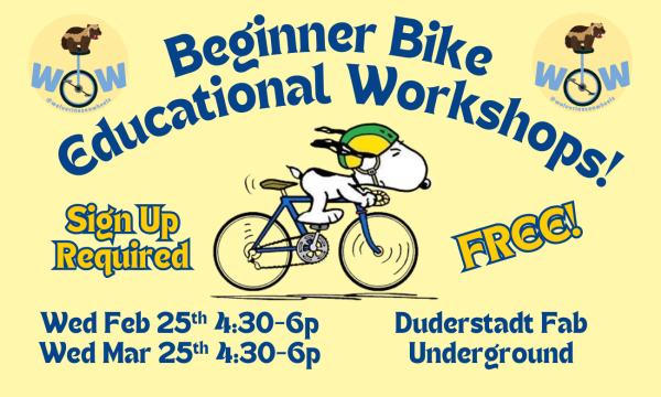 Snoopy riding a bike surrounded by text detailing events