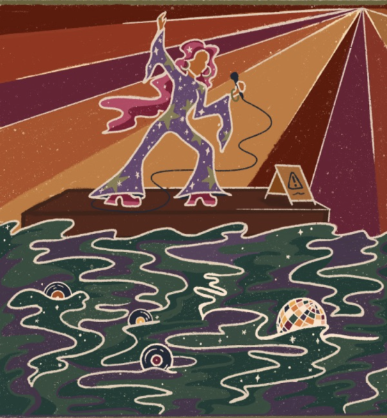 An illustration featuring a singer in a purple, sparking jumpsuit with pink hair in front on a stage. In the background, there is a multicolored sunburst. The foreground of the illustration depicts floodwater with disco balls and records floating in it.