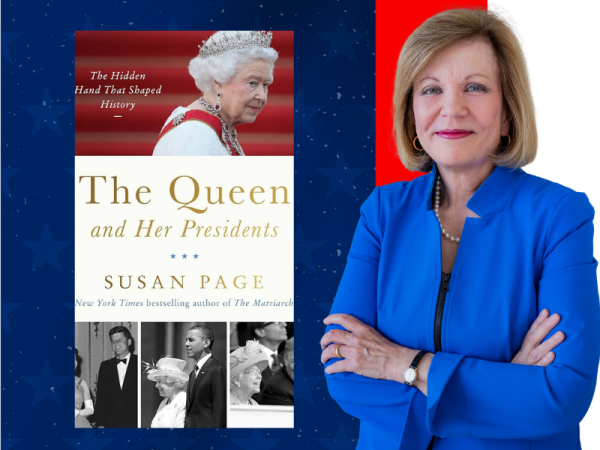 a photo of Susan Page in a blue suit smiling with her arms crossed next to the book jacket of her book.