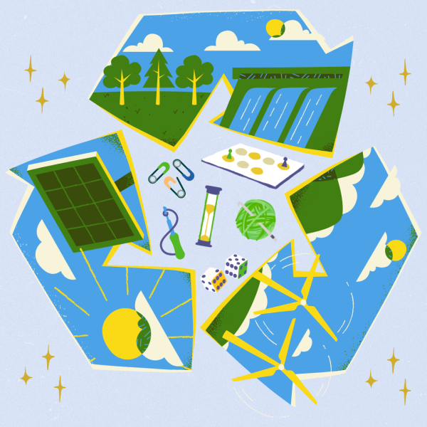A large recycle symbol has different natural resources and clean energy projects drawn on the arrows. Inside the recycle sign are different kinds of board game pieces, cards, and crafting supplies.