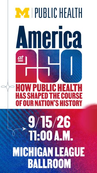 Flyer, primarily with white background and large block font in blues & reds, shares M Public Health logo and event details as listed.