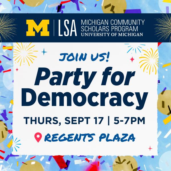 the words "Party for Democracy" with a background of confetti and fireworks