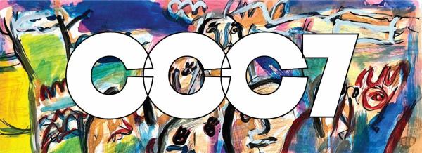 Abstract colorful painting background overlayed with the white bold text CCC7.