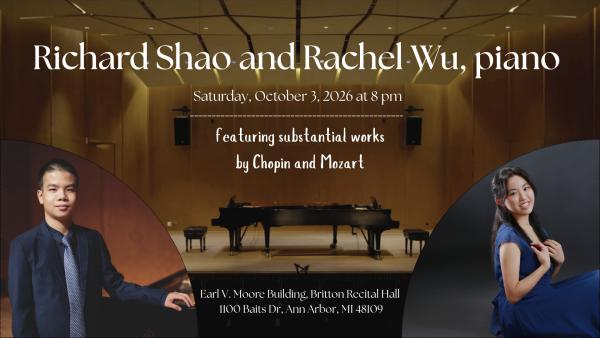 Poster with images of Shao, Wu, and two pianos on stage in Britton Recital Hall.