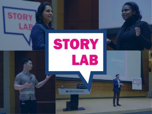 Collage of students presenting at the Story Lab Showcase