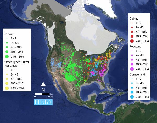 Map of North America showing the color coded geographic distribution and density of five types of Paleoindian fluted projectile points.