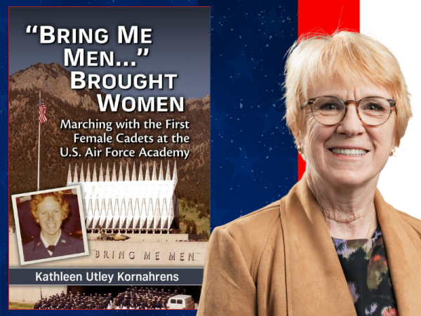 headshot of the author, Kathleen Kornharens, with short red hair, glasses, and a tan blazer next to the cover of her book.
