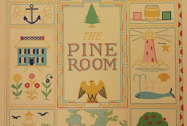 The Pine Room, with images of a home, flowers, a lighthouse, a whale, an anchor, etc.