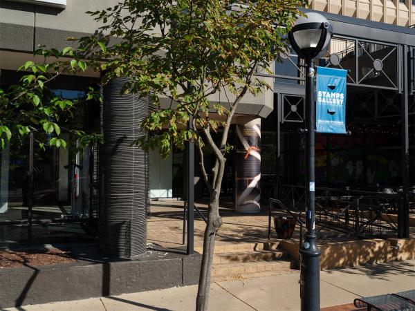The Division St. front facade of Stamps Gallery, showing pillars designed by Abhishek Narula and Nate Byrne.