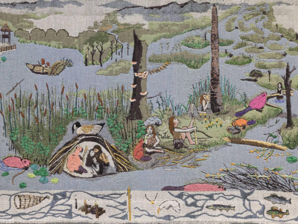 Tapestry image depicting beavers and humans together in nature