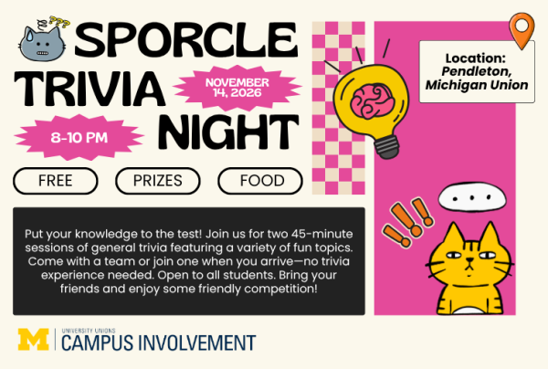 Cream, pink, and black promotional graphic for ‘Sporcle Trivia Night,’ hosted by University Unions Campus Involvement at the University of Michigan. Text reads: November 14, 2026, 8-10 PM, Location: Pendleton, Michigan Union. Free, Prizes, Food. Put your knowledge to the test! Join us for two 45-minute sessions of general trivia featuring a variety of fun topics. Come with a team or join one when you arrive—no trivia experience needed. Open to all students. Bring your friends and enjoy some friendly competition! The design features a bold black title, pink starburst shapes holding the date and time, a yellow lightbulb with a pink brain inside, a pink and cream checkerboard pattern, a confused gray cat with question marks, a yellow tabby cat with exclamation points and a speech bubble, and an orange location pin. The University of Michigan Block M logo appears in the bottom left
