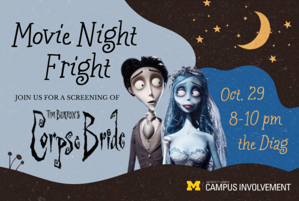 Event flyer for "Movie Night Fright" featuring characters Victor and Emily from *Tim Burton's Corpse Bride*, advertising a screening of the film on October 29 from 8:00 to 10:00 PM at the Diag, hosted by University Unions Campus Involvement.