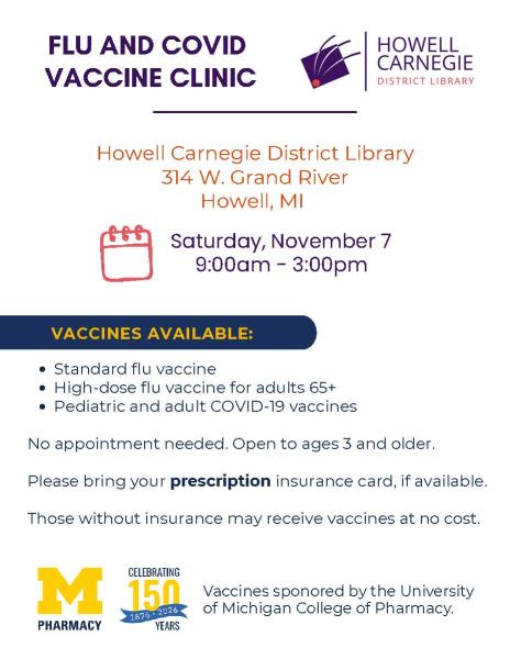 flyer for U-M College of Pharmacy Sponsored Flu & COVID Vaccine Clinic with event details