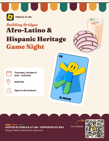 Flyer for "Building Bridges: Afro-Latino & Hispanic Heritage Game Night" hosted by Roblox at UM. A cream background with a colorful papel picado banner across the top. An illustrated conchas pastry and a glass of horchata sit at the upper right, and a lotería-style card titled "El Noob" shows the yellow, blue, and green Roblox character with arms raised. Event details read: Thursday, October 8, 8:00 to 10:00 PM, NUB 1552, open to all students. A maroon footer reads "Hosted by Roblox at UM, supported by BSU" and includes a QR code labeled "Our Linktree."